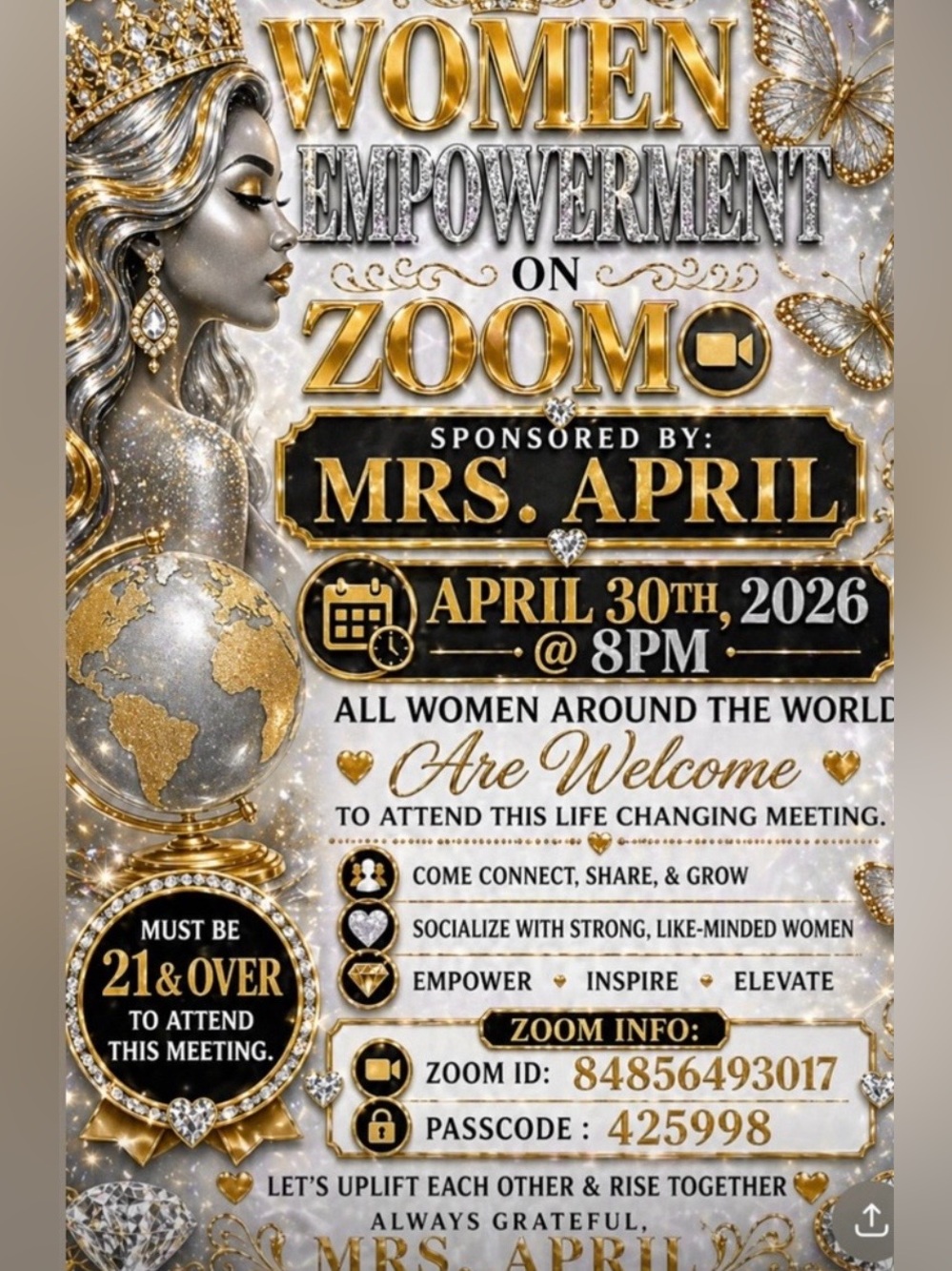 Women Empowerment Zoom Event Flyer - Gold & Silver